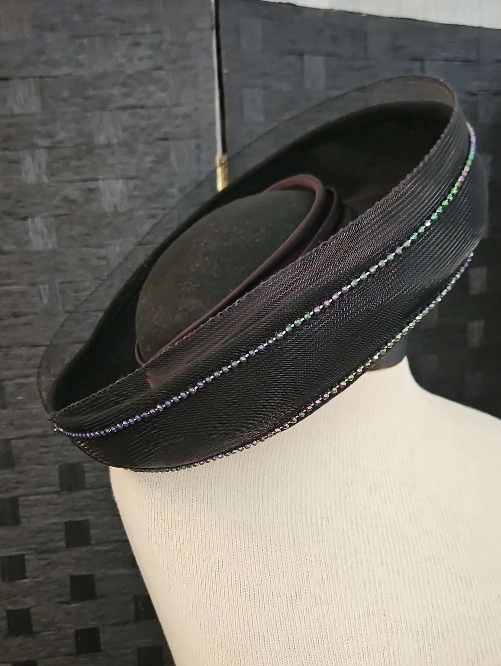 Vintage 1980's Sylvia Black Breton Decorative Women's Hat with Rhinestone Trim